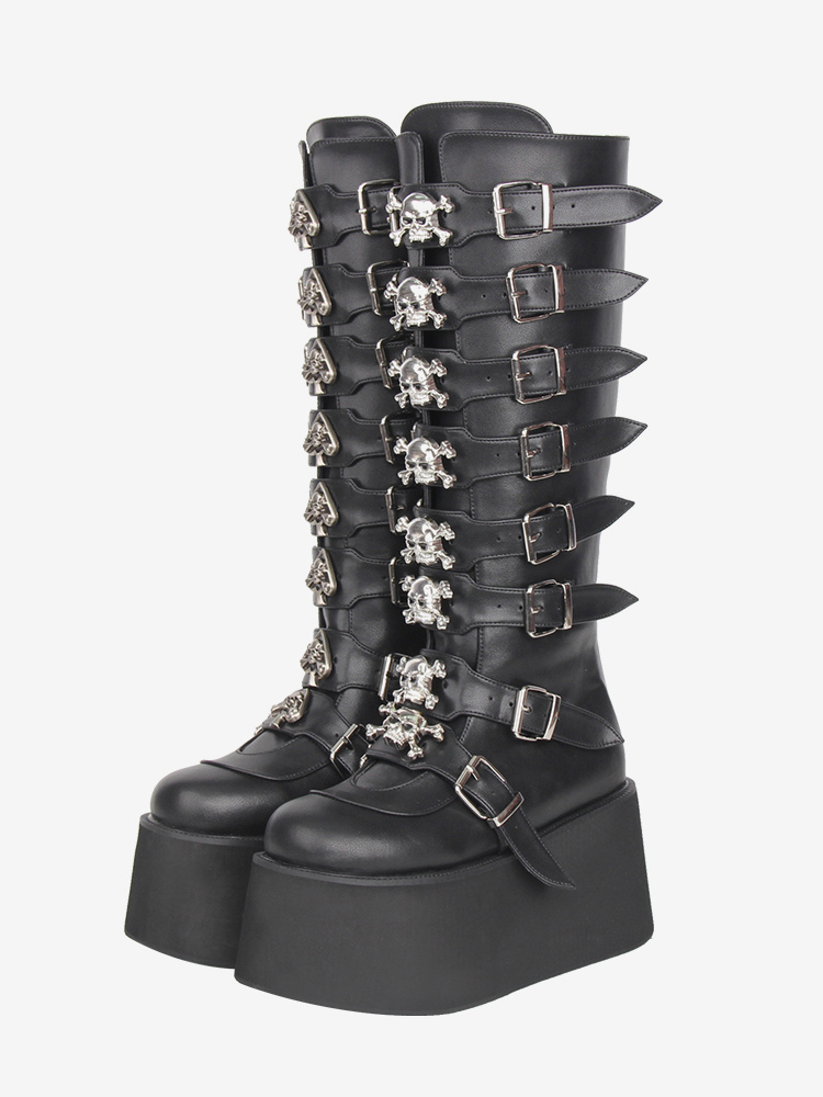 Gothic Lolita Boots Black PU Round Toe Wedge Heel Platform Lolita Shoes