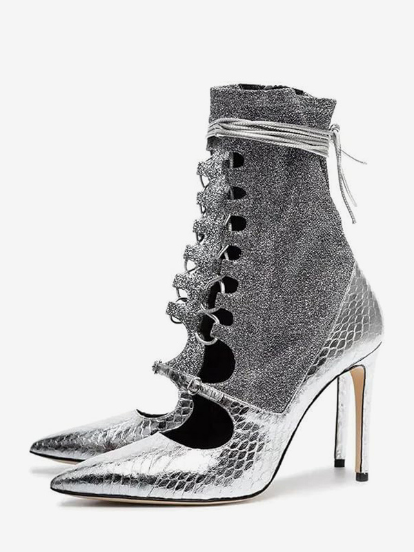 Silver Ankle Boots Women's Pointed Toe Lace Up High Heel Party Booties
