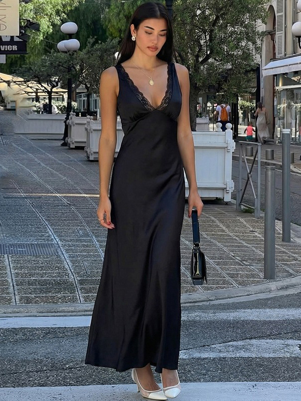 Black V Neck Lace Trim Slip Maxi Dress For Women