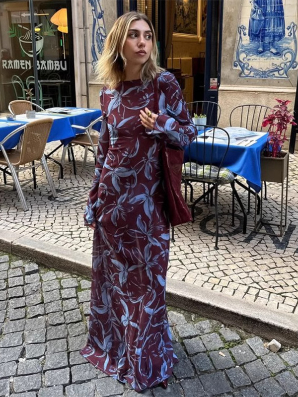 Floral Print Long Sleeve Slim Fit Maxi Bodycon Retro Dress For Women