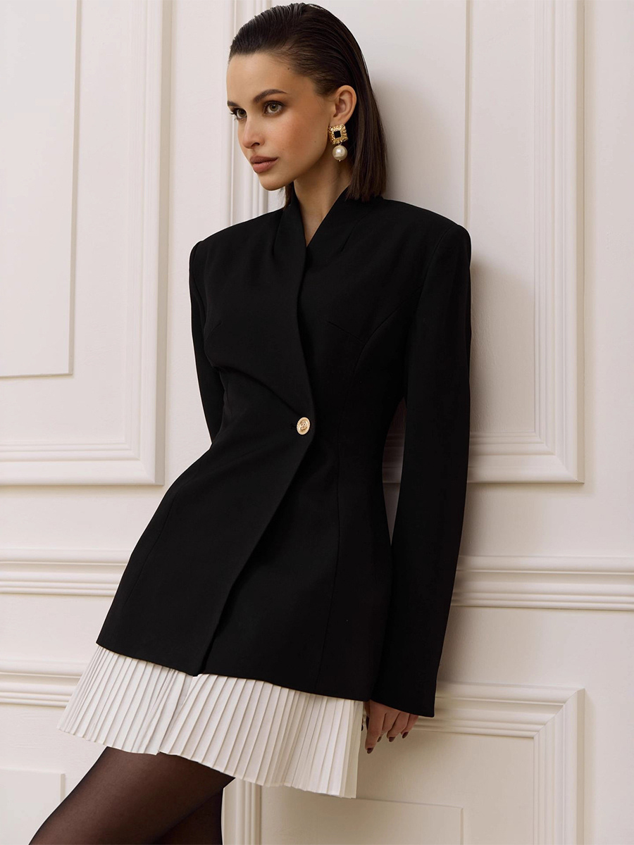 Pleated Patchwork Long Sleeve Mini Blazer Dress For Women