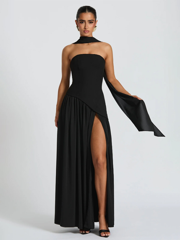 Asymmetric Design Strapless Maxi Party Dress With Scarf For Women