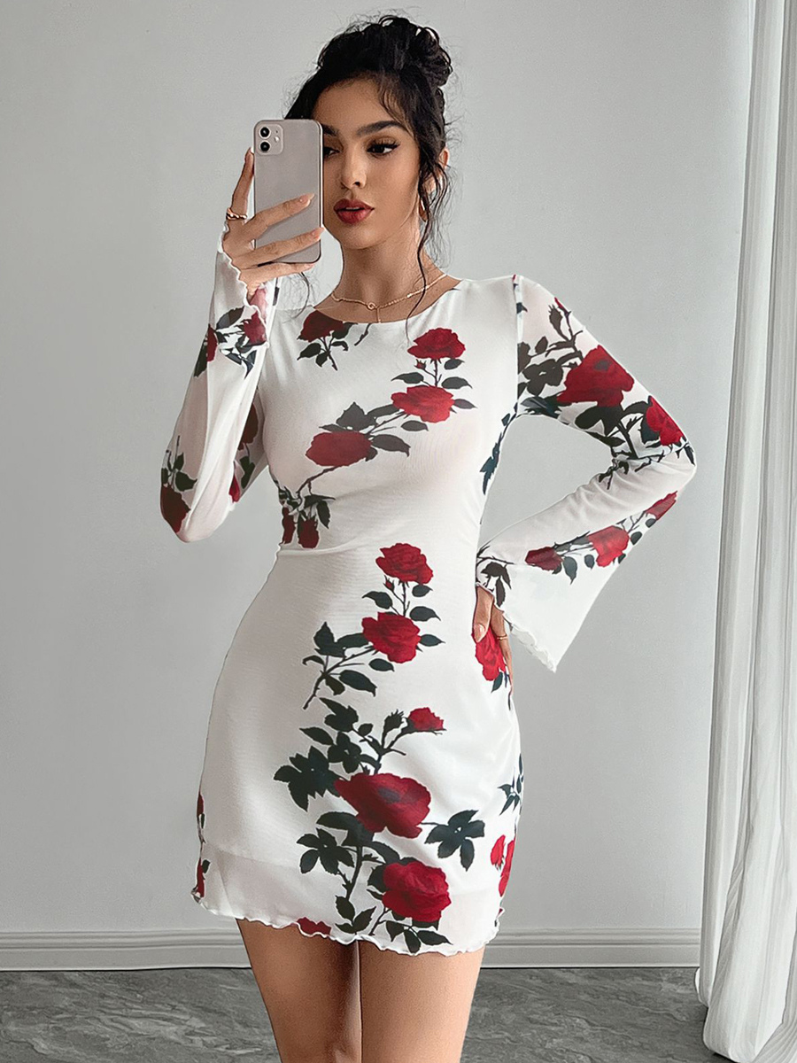 Backless Rose Print Mesh Flare Sleeve Bodycon Mini Dress For Women