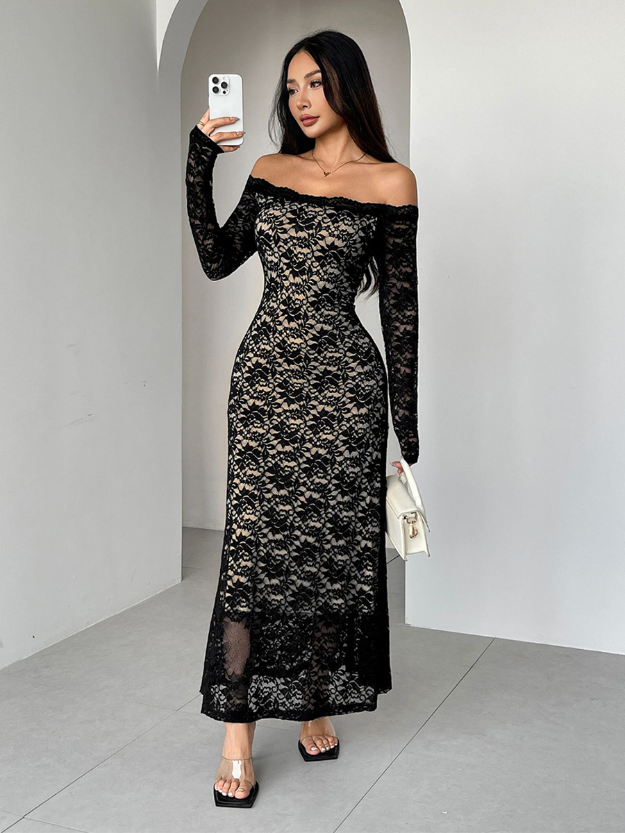 Off Shoulder Lace Long Sleeve Bodycon Maxi Dress For Women