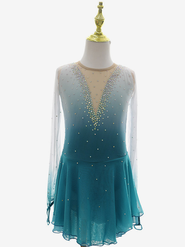 Elegant Figure Skating Outfit Beaded Rhinestone Mesh Long Sleeve Skating Dress