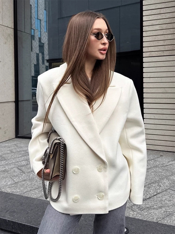 Cream Notched Lapel Women's Blazer - Oversized Single Breasted Jacket - Quiet Minimalist Street Casual Spring Outfit