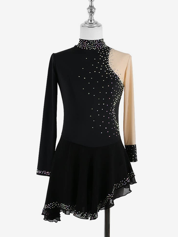 Dark Black Elegant Skating Dress Long Sleeves Mesh Beaded Rhinestone Skating Costumes