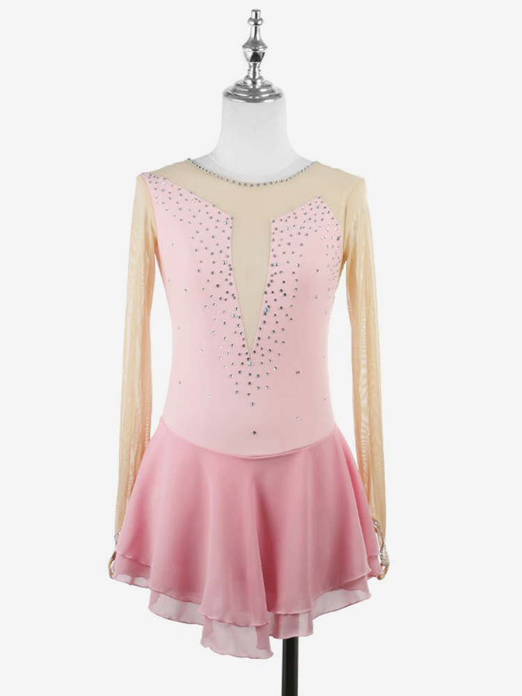 Pink Skating Dress Nuded Long Sleeves Mesh Rhinestone Women And Girl Ice Skater Dress