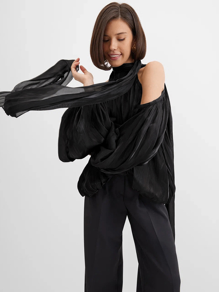 Cold Shoulder Women Halter Blouse - Elegant Lantern Sleeve Loose Fit Top With Scarf - Fairycore Spring Party Top