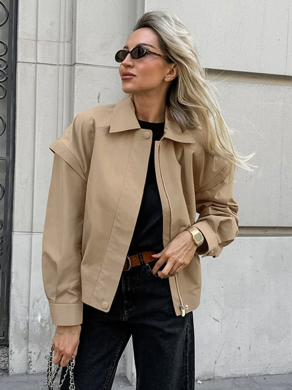 Khaki Lightweight Women's Bomber Jacket - Minimalist Collared Zip-Up Outerwear - Quiet Luxury Spring Casual Streetwear