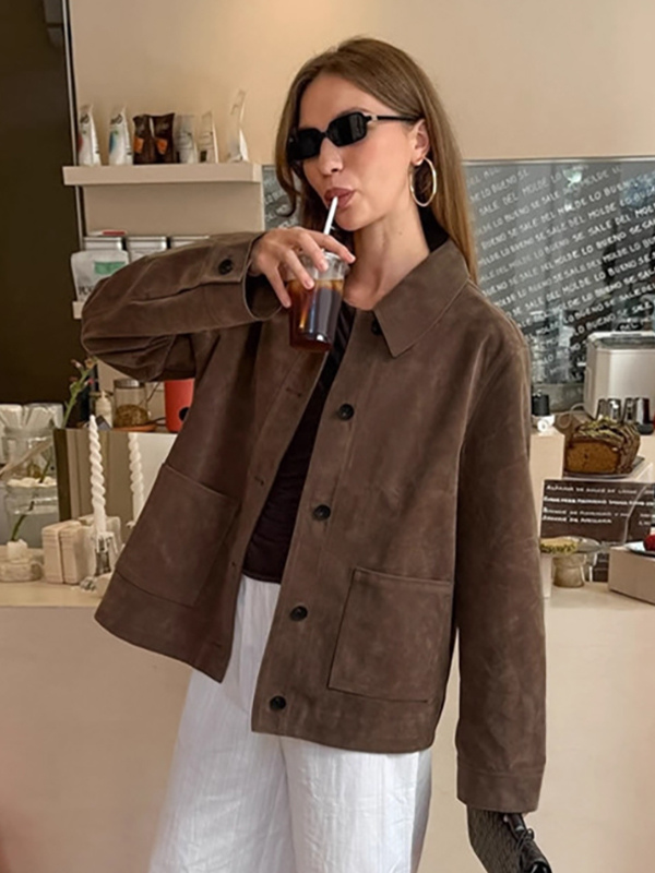 Brown Faux Suede Women's Shacket - Minimalist Turn-down Collar Button Up Jacket With Pocket - Spring Casual Streetwear