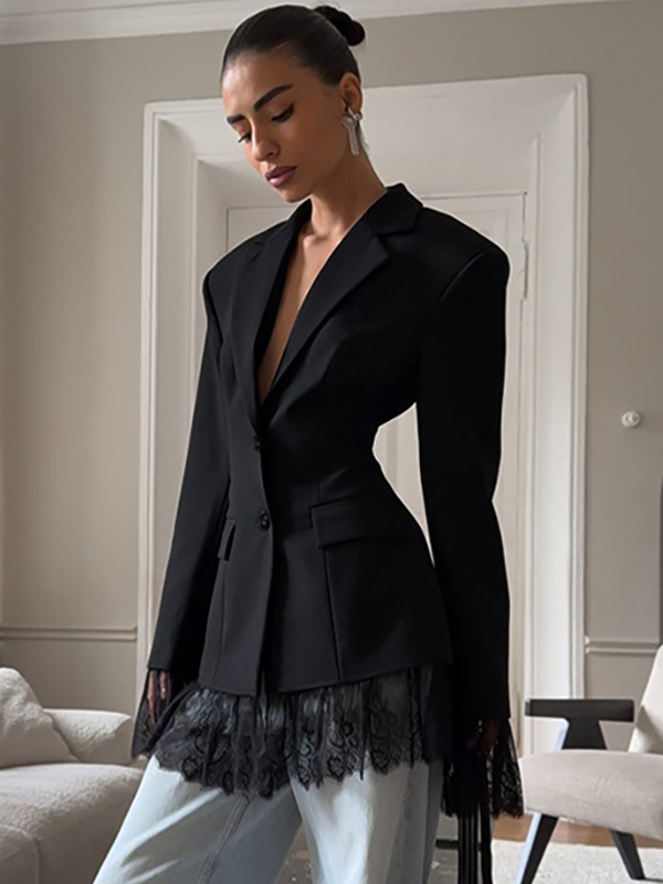 Lace Trimmed Hourglass Women's Blazer - Flare Sleeve Slim Fit Suit Jacket - Chic Streetwear Formal Outfits