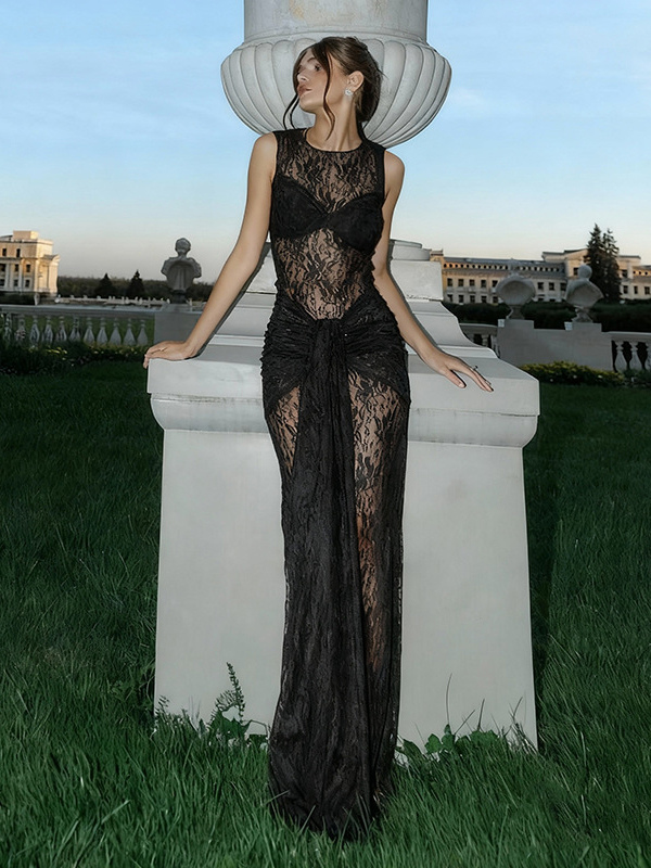 Sheer Floral Lace Maxi Dress For Women - Black Gothic Sleeveless Bodycon Gown - Summer Night Party Clubwear