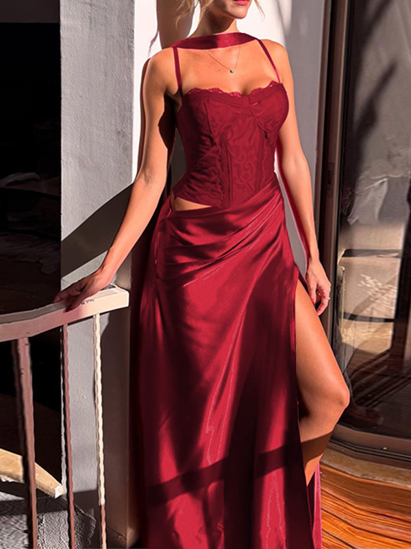 Corset Style Lace Maxi Dress For Women - Drape Ruched Bodycon Gown - Spring Evening Party Outfits