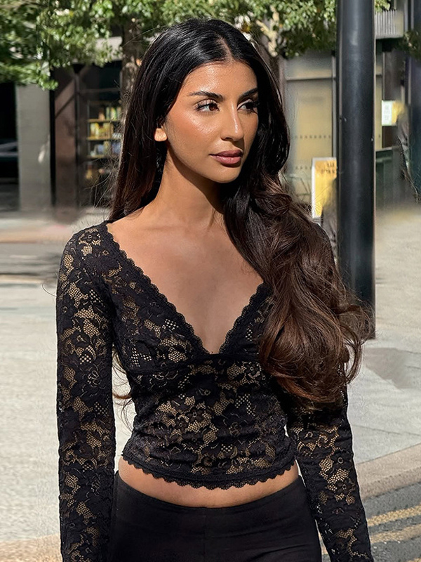 Floral Lace Crop Top For Women - Black Sexy V Neck Long Sleeve - Spring Night Out Clubwear