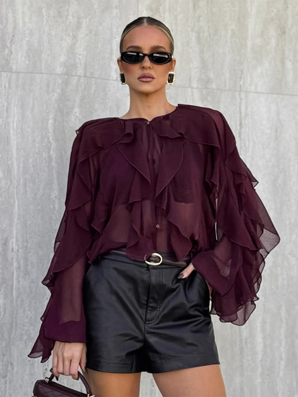 Ruffle Chiffon Blouse Women Chic Sheer Top - Wine Red Retro Victorian Cascading Flare Sleeve - Spring Party Club