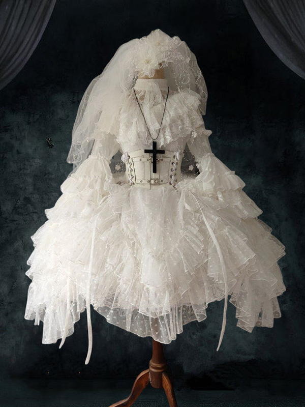 White Gothic Lolita Dresses Little Witch Long Sleeves One Piece Ruffles Lolita Dress