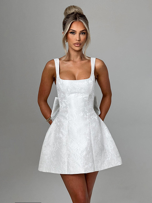 Jacquard Coquette Mini Dress For Women - Barbiecore Big Bow Back Sleeveless A Line - Summer Birthday Party Outfits
