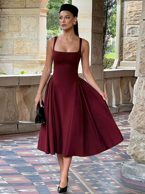 Square Neck Midi Dress For Women - Retro A-Line Pleated Dress - Spring Cocktail Party
