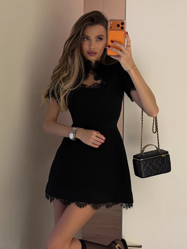 Lace Trim Keyhole Mini Dress For Women - Black Elegant High Neck Short Sleeve A-Line Dress - Spring Birthday Party