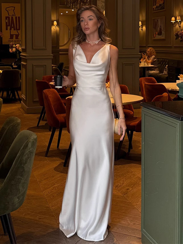 White Satin Women Maxi Dress - Elegant Silk Style Cowl Neck Backless Sleeveless Gown - Summer Evening Party Prom