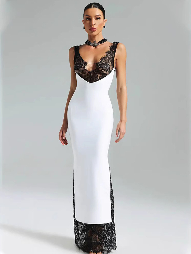 Lace Patchwork Maxi Dress For Women - Sexy V Neck Bodycon Baddie Sleeveless Gown - Summer Clubwear Party Night