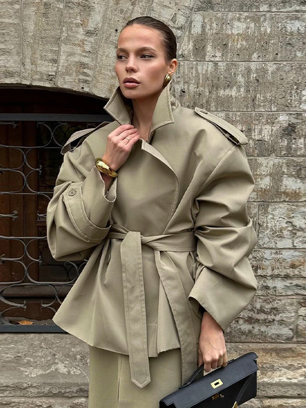 Short Trench Coat For Women - Khaki Chic Tie Waist Double Breasted Cropped Windbreaker - Spring Office Casual Outerwear