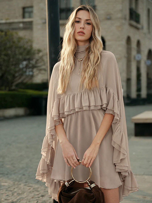 Chiffon Cape Mini Slip Dress For Women - Elegant Ruffle Tiered Piece Set - Spring Wedding Guest Party Cocktail