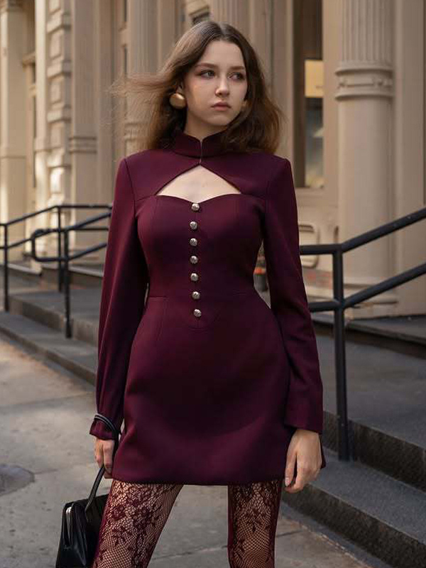 Cutout Long Sleeve Mini Dress For Women - Mock Neck Button Detail Dress - Spring Date Night Party