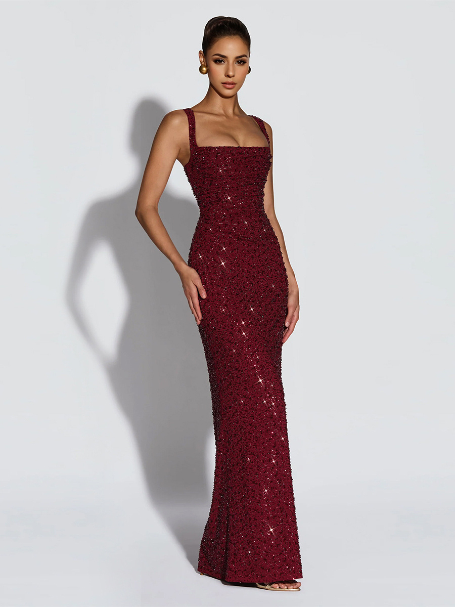 Sparkly Sequin Maxi Formal Dress For Women - Square Neck Slim Fit Back Lace-up Bodycon Mermaid Gown - Summer Gala Prom