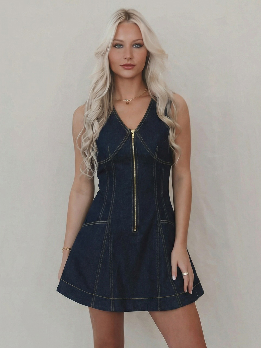 Sleeveless Mini Denim Dress For Women - Dark Blue Western Style Front Zip Slim Fit Jean Sundress - Summer Music Festival