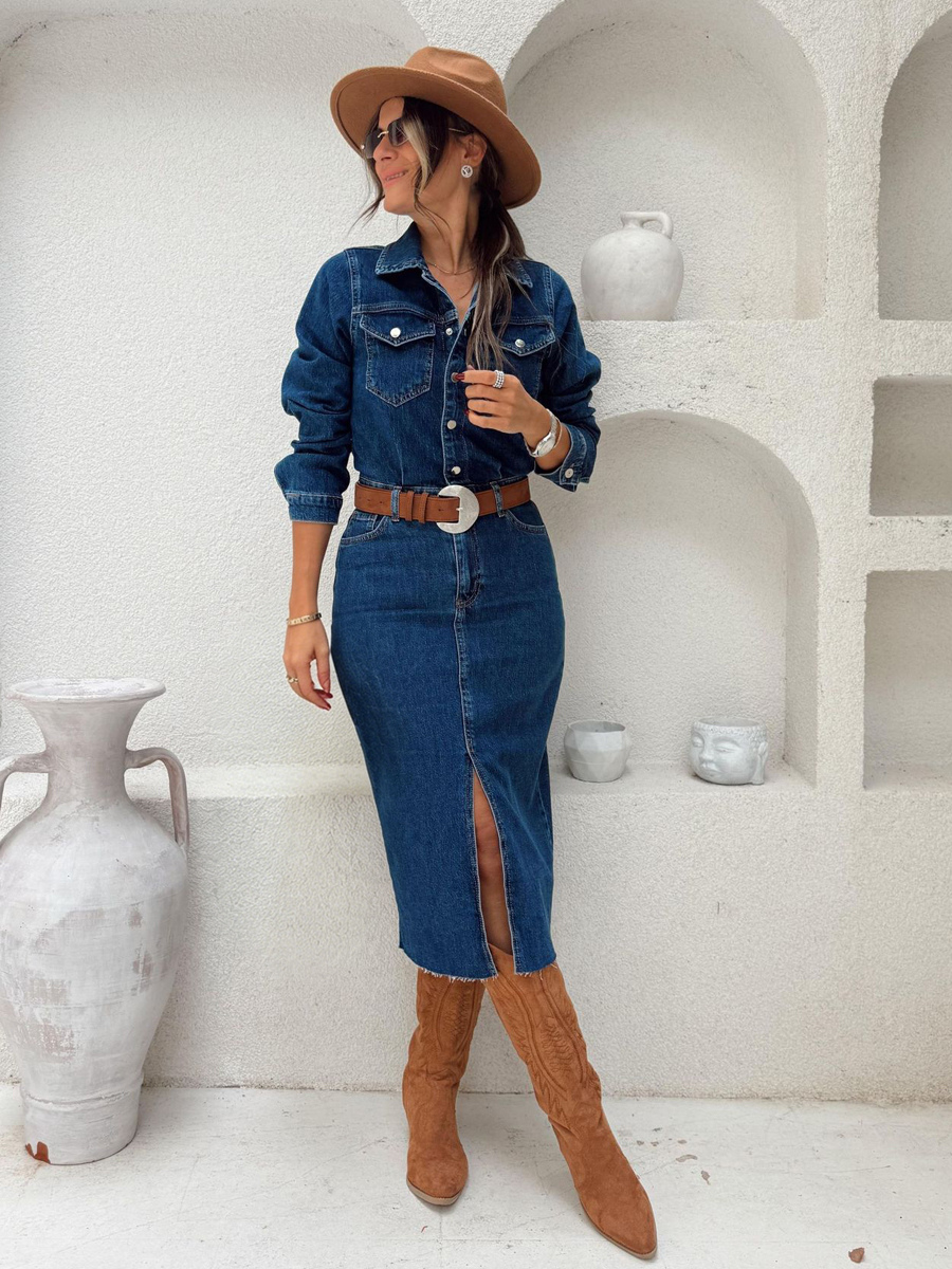 Long Sleeve Denim Midi Dress For Women - Blue Western Style Button Front Split Front Bodycon Jean Dress - Spring Daily Casual