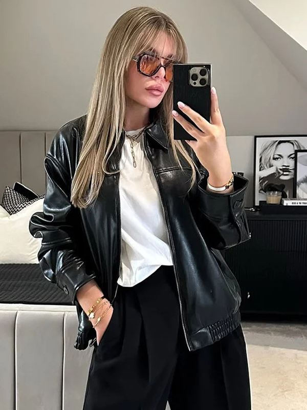 Vintage Faux Leather Bomber Jacket For Women - Retro Zip Up Oversized Harrington Moto Coat - Spring Casual Outerwear