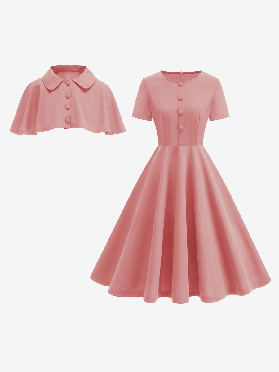 Vintage s Midi Dress With Capelet For Women A-Line Swing Skater Dress - Summer Retro Party