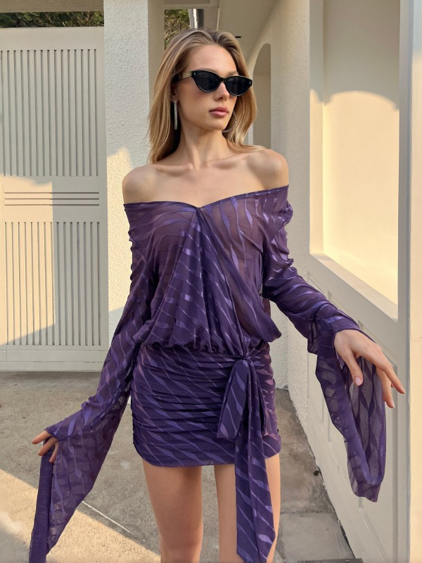 Backless Sheer Mini Dress For Women - Sexy V Neck Tie Front Long Sleeves Ruched Bodycon - Summer Night Out Club Party