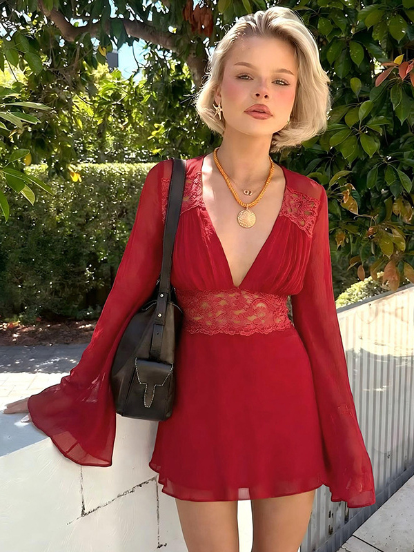 Lace Patchwork Mini Dress For Women - Deep V Neck Flare Sleeve Empire Waist Short Sundress - Spring Beach Date Night