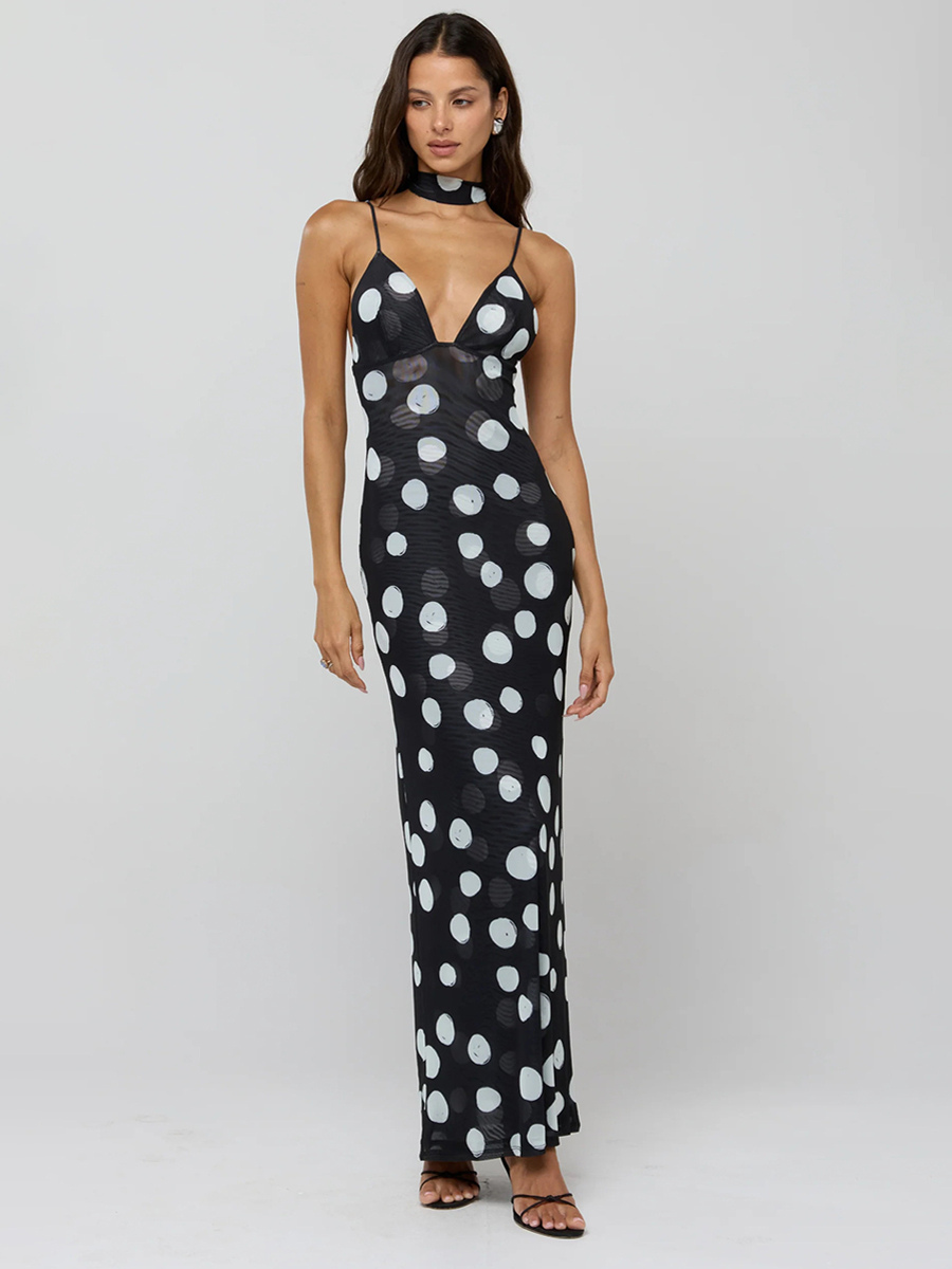 Polka Dot Slip Maxi Dress For Women - Vintage Deep V Neck Backless Bodycon Long Dress With Scarf - Summer Party Night
