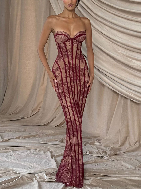 Date Night Dresses Bodycon Maxi Lace Sleeveless Backless Strapless Sexy Burgundy Dress