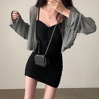 Long Sleeve Ribbed-Knit Light Crop Cardigan Spaghetti Strap Mini Bodycon Dress Dress - Black