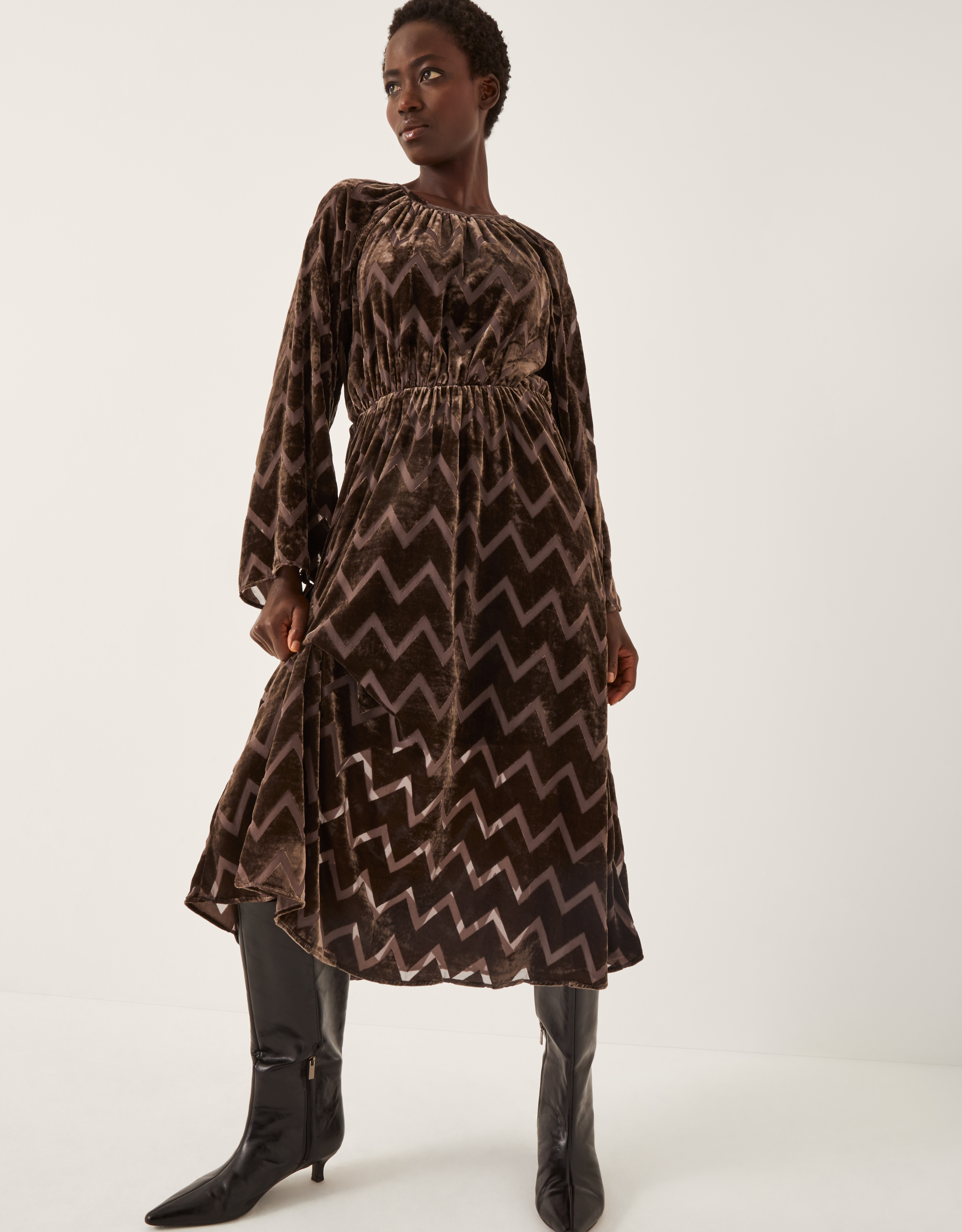 Monsoon Women's Dark Brown Geometric Print Keisha Velvet Midi Dress, Size: