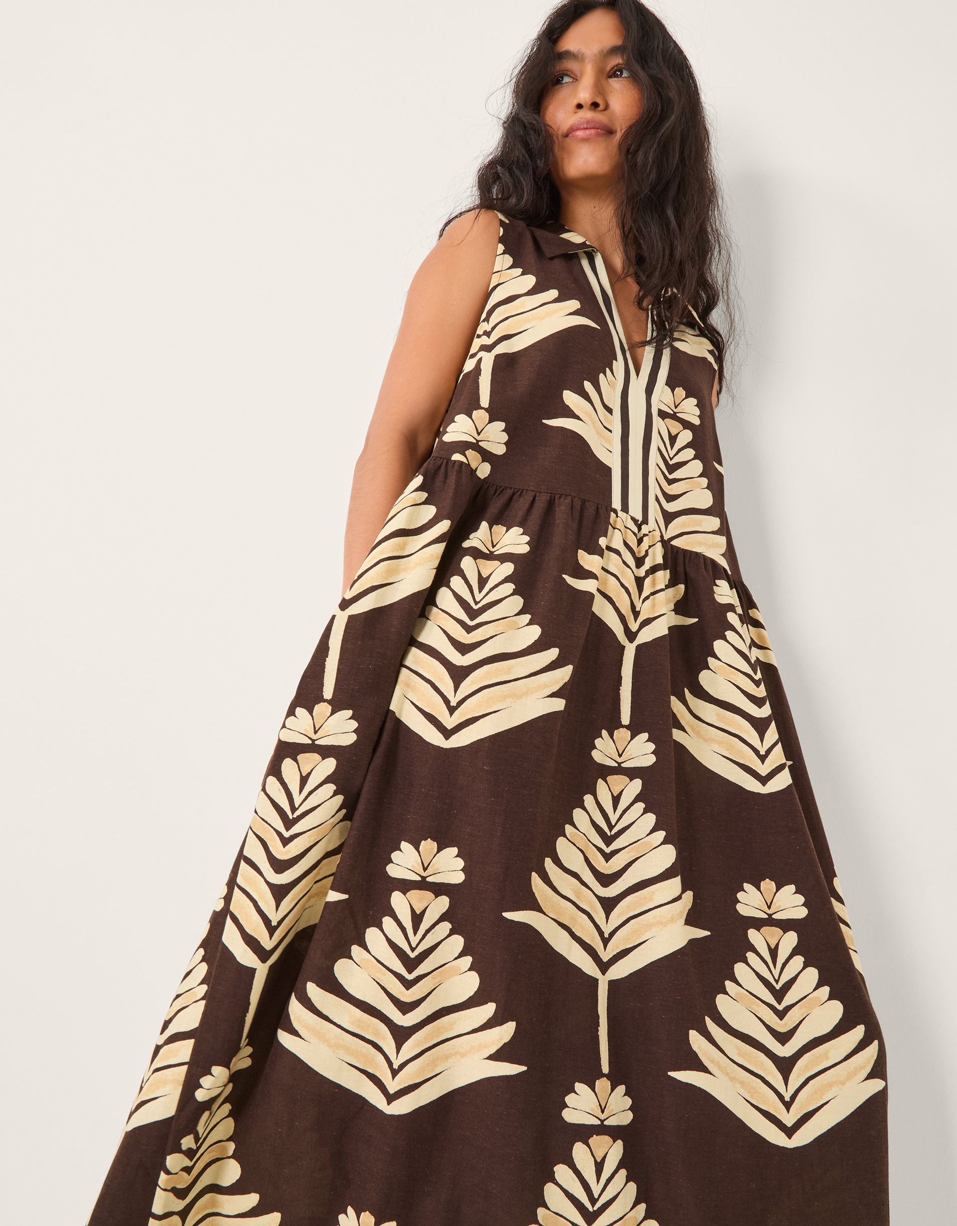 Pamela Linen Blend Leaf Print Midi Dress Brown