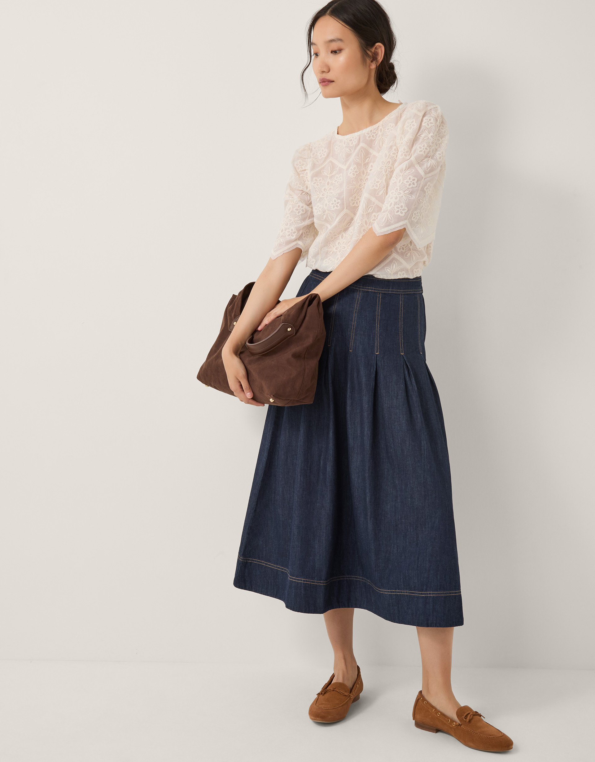 Darcie Pleated Denim Midi Skirt Blue
