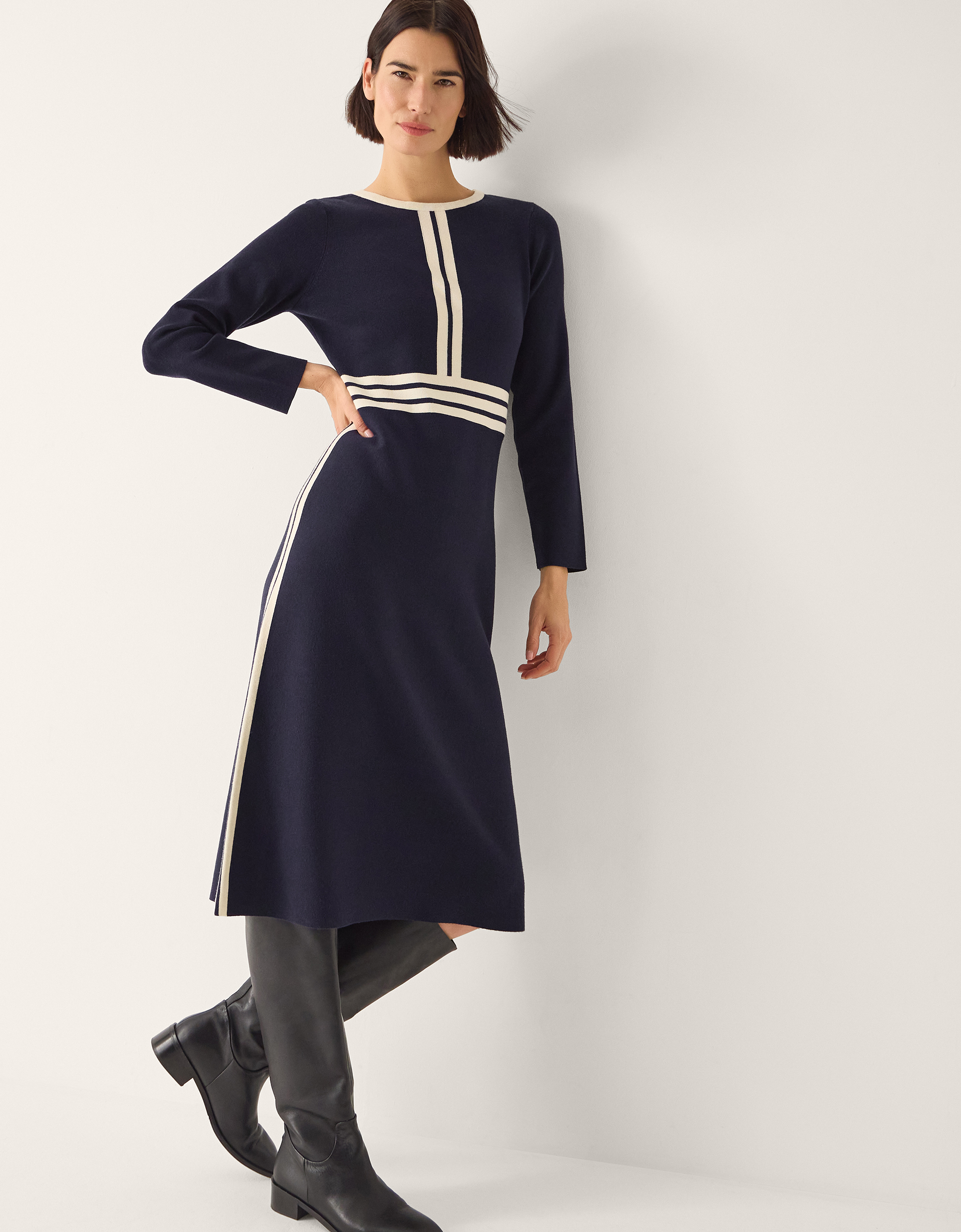 Monsoon Women's Navy Blue & White Contrast Stripe Keli Knit Midi Dress, Size: