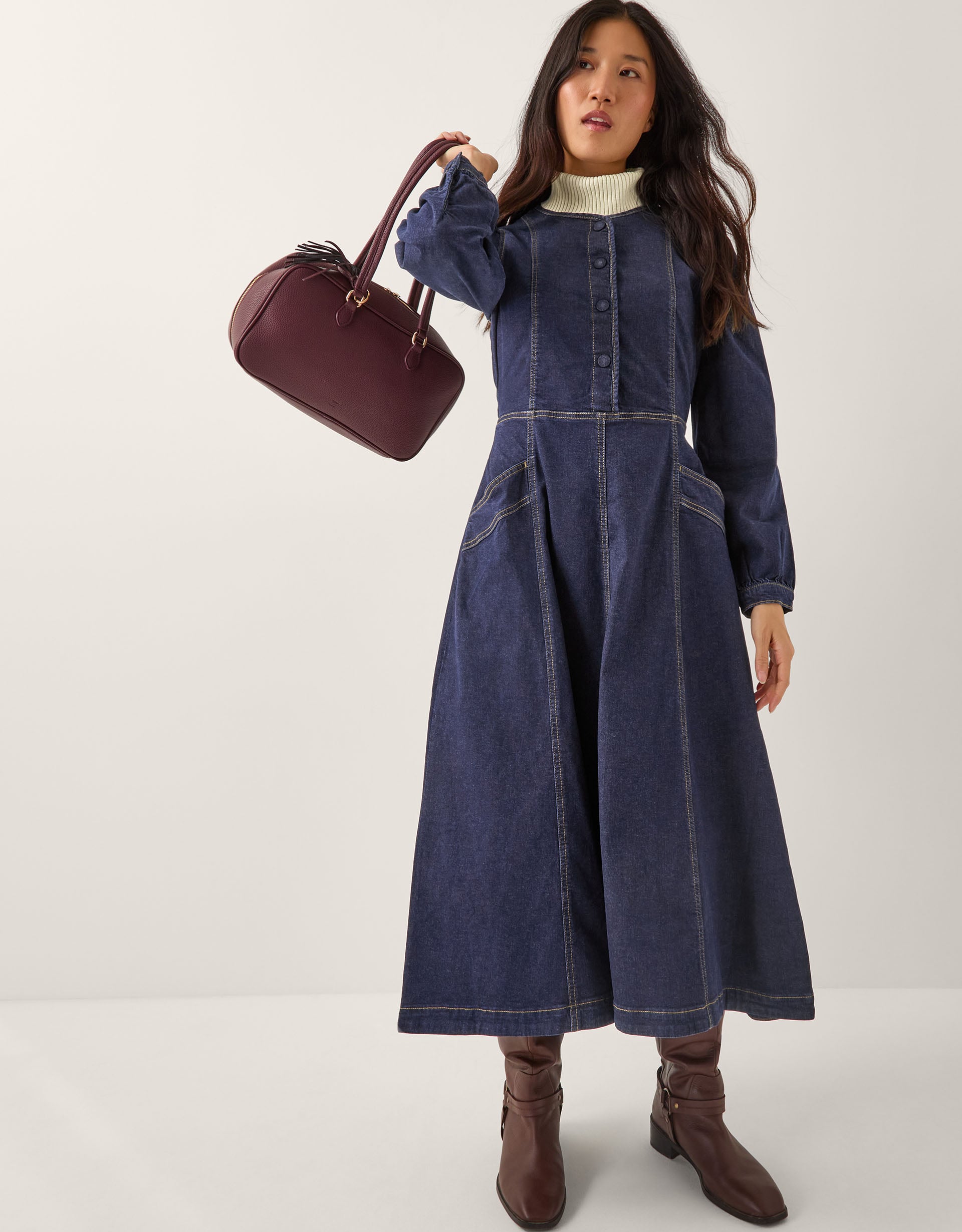 Monsoon Women's Dark Blue Cotton Contrast Stitch Vivian Button Denim Midi Dress, Size: