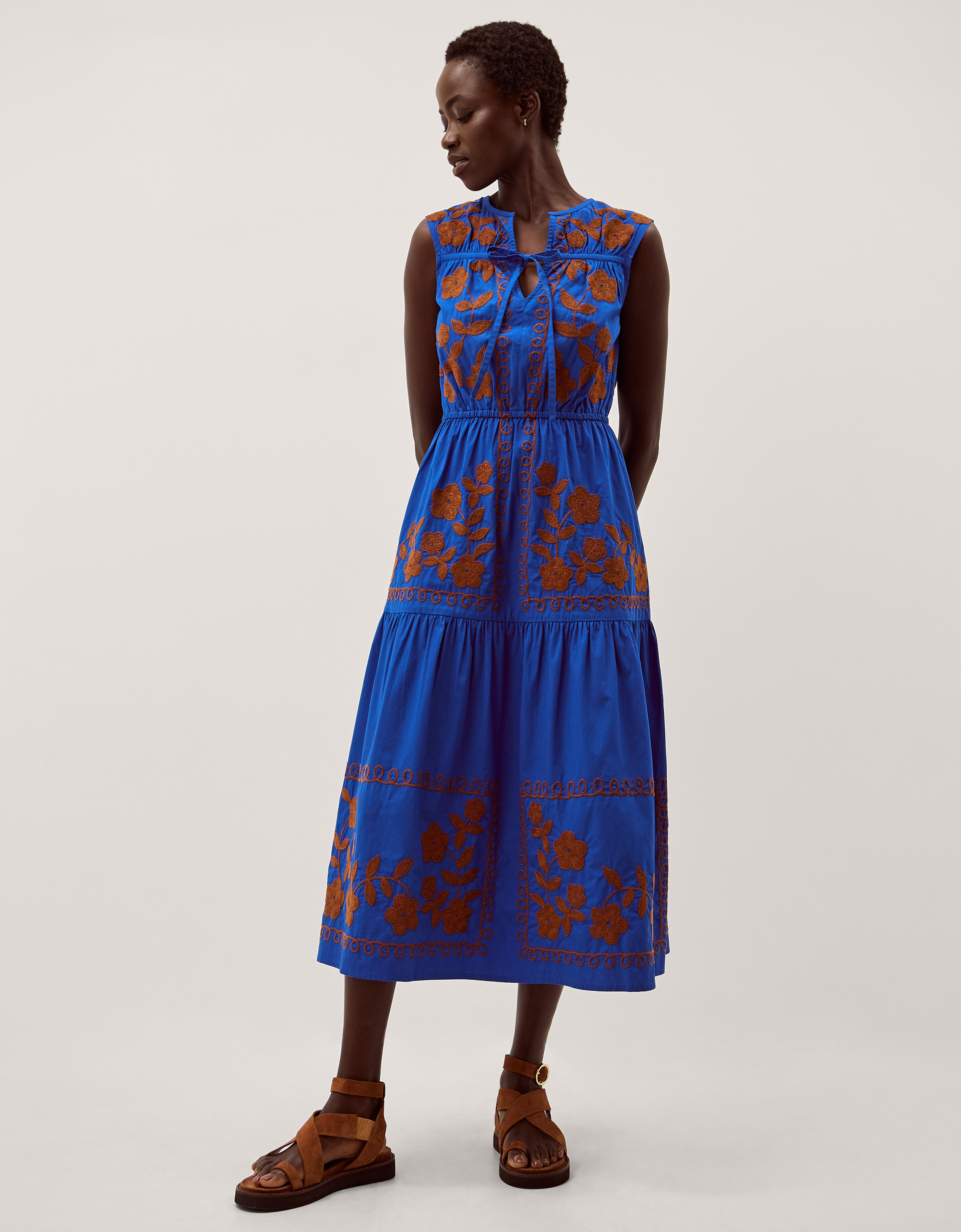 Madison Sleeveless Embroidered Midi Dress Blue