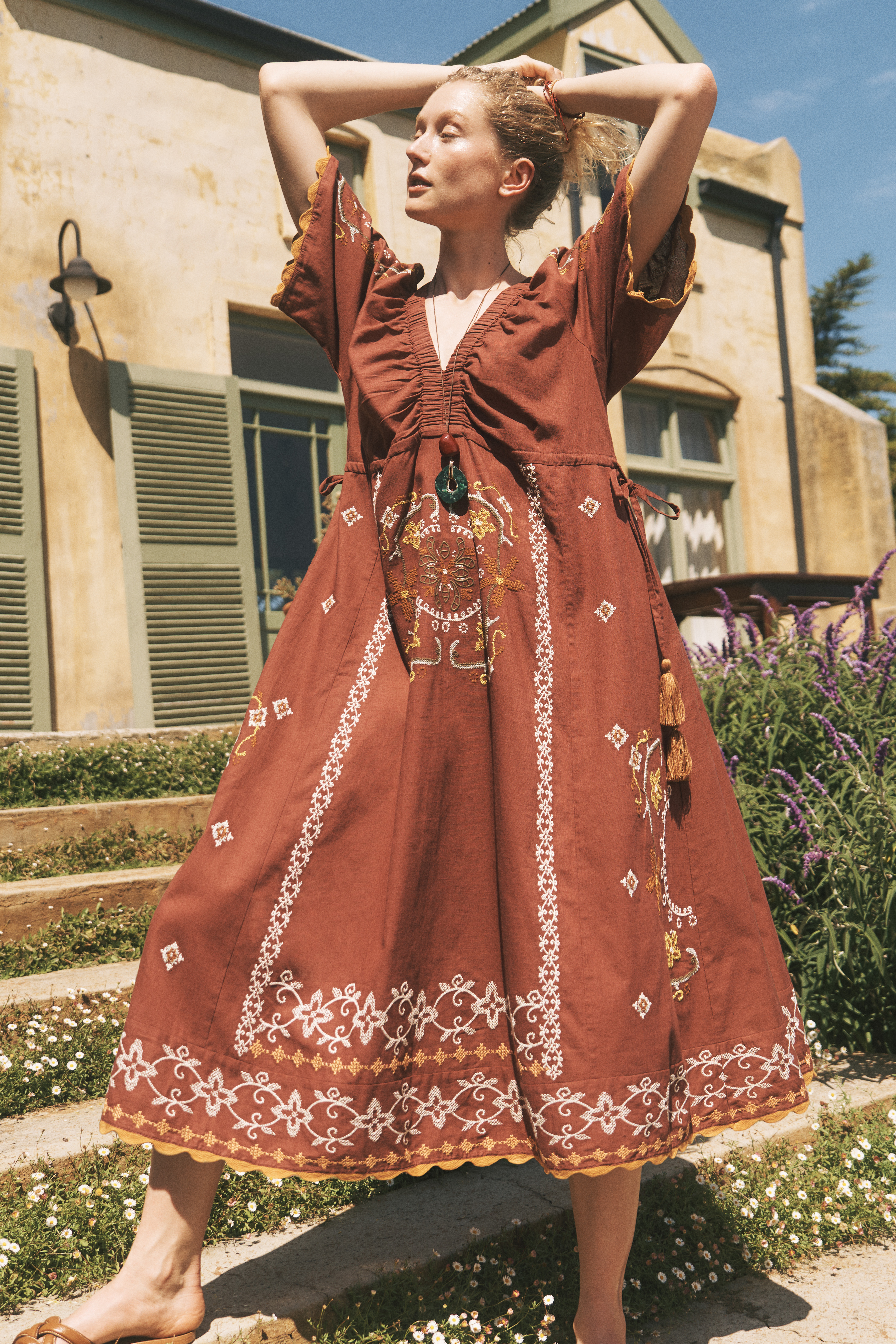 Greta Short Sleeve Embroidered Midi Dress Brown