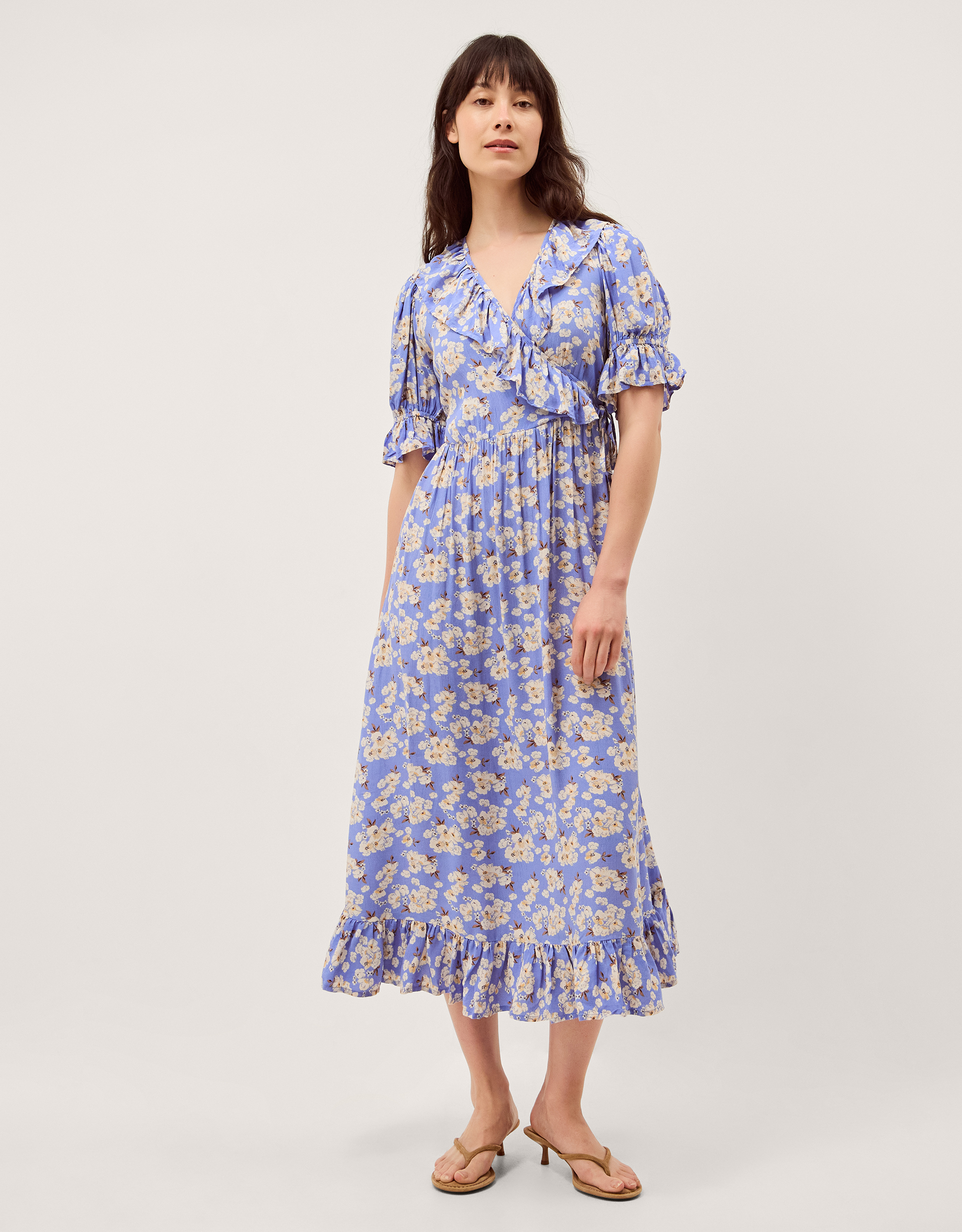 Sian Floral Print Ruffle Midi Dress Blue