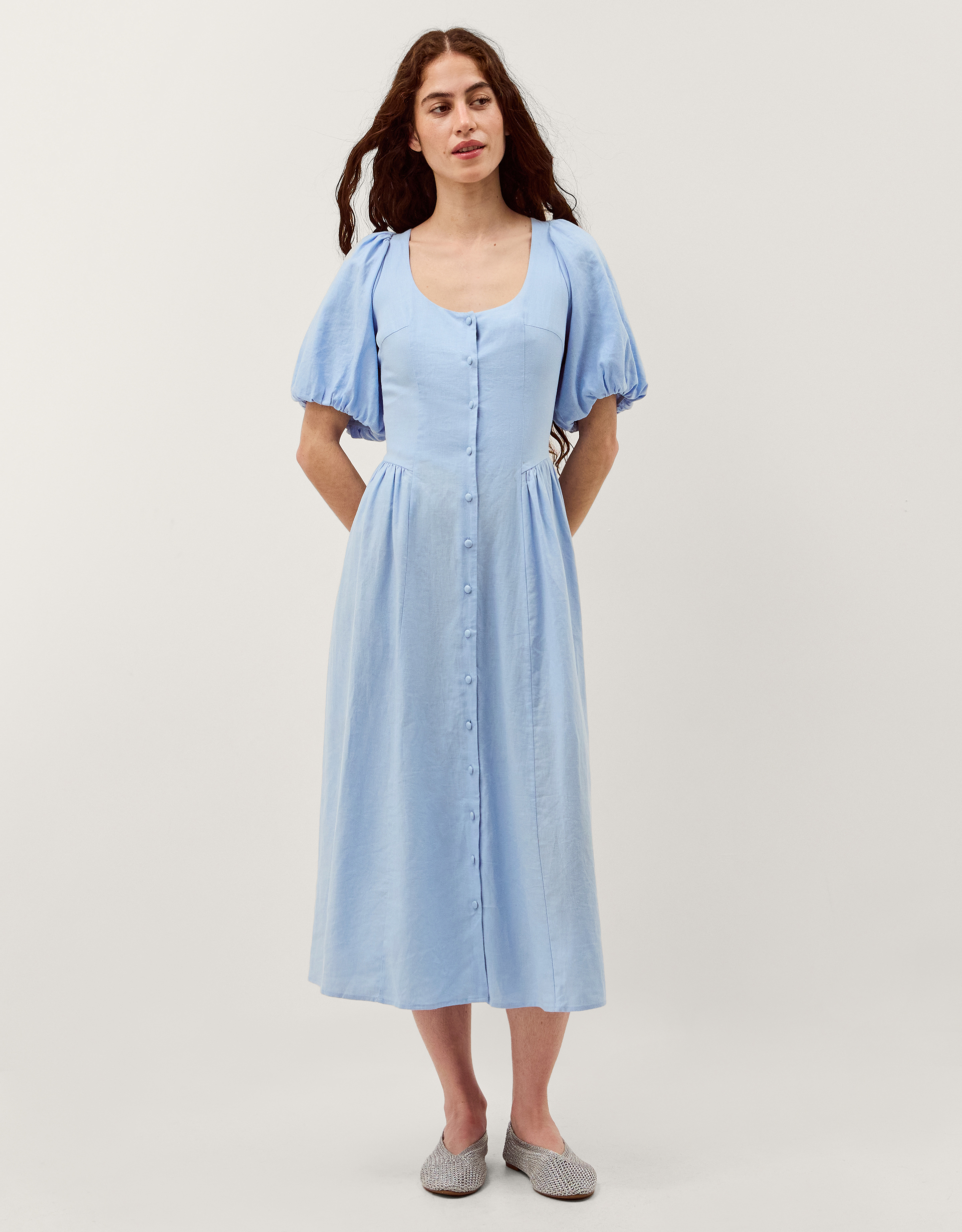 Lottie Puff Sleeve Linen Blend Midi Dress Blue