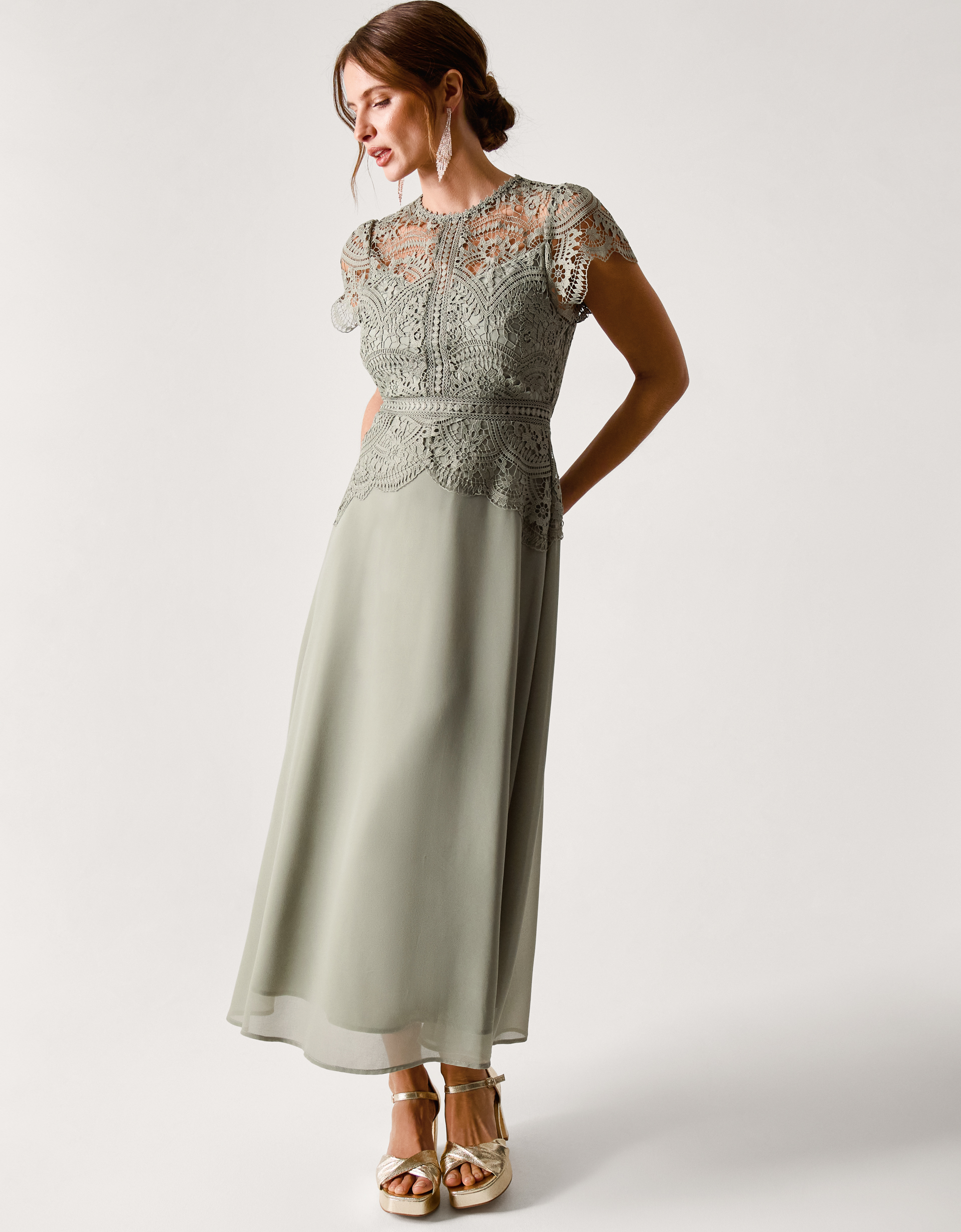 Monsoon Women's Green Floral Lace Monica Midi Bridesmaid Dress, Size: