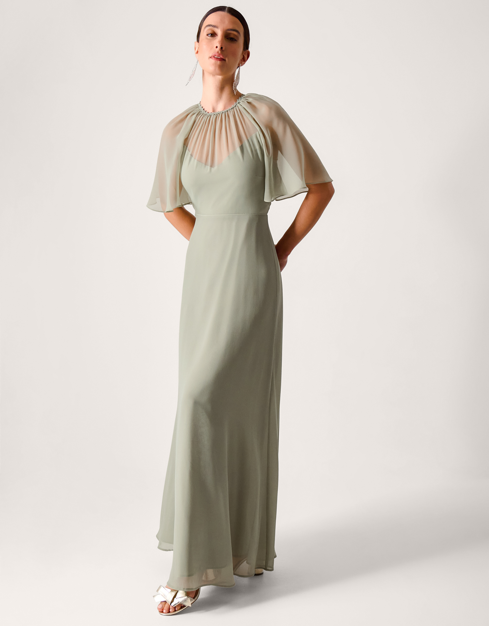 Monsoon Women's Light Green Mona Angel Sleeve Maxi Dress, Size: